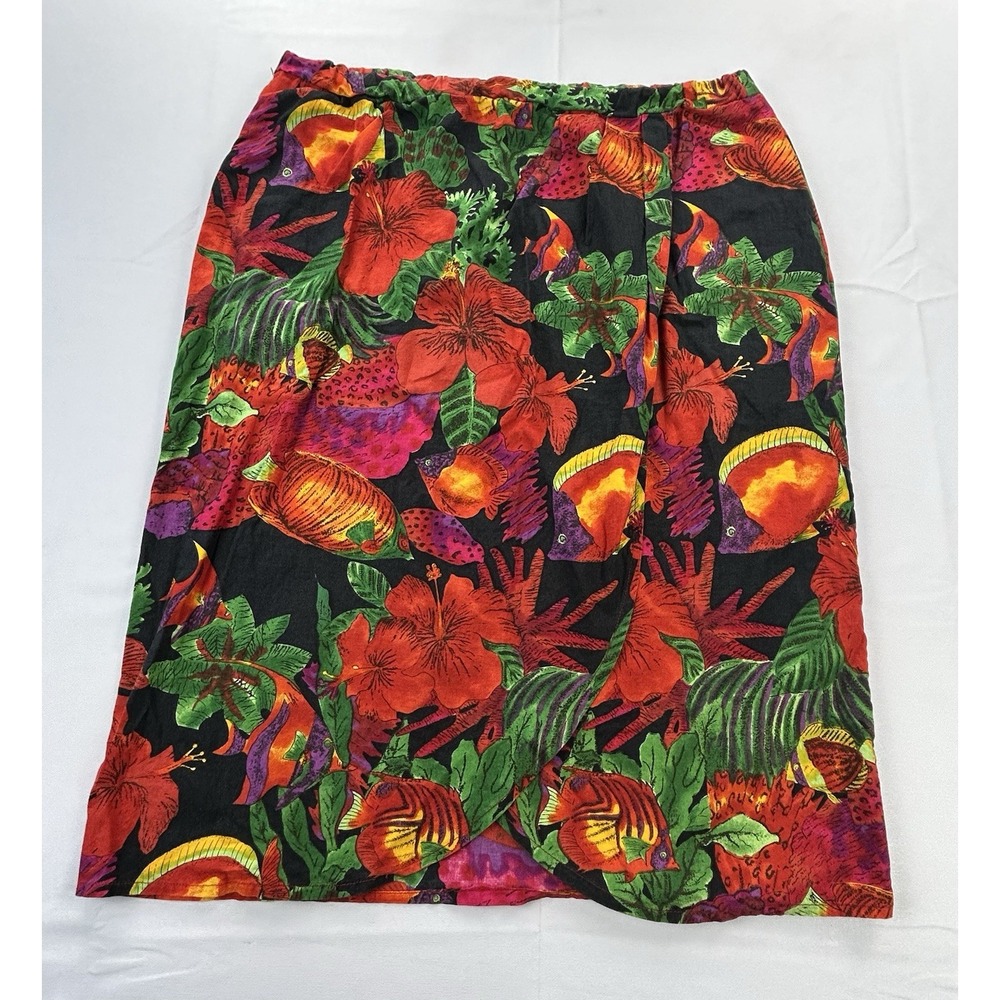 Handmade Tropical Fish Floral Skirt Womens M Black Red Elastic Waist Hawaiian